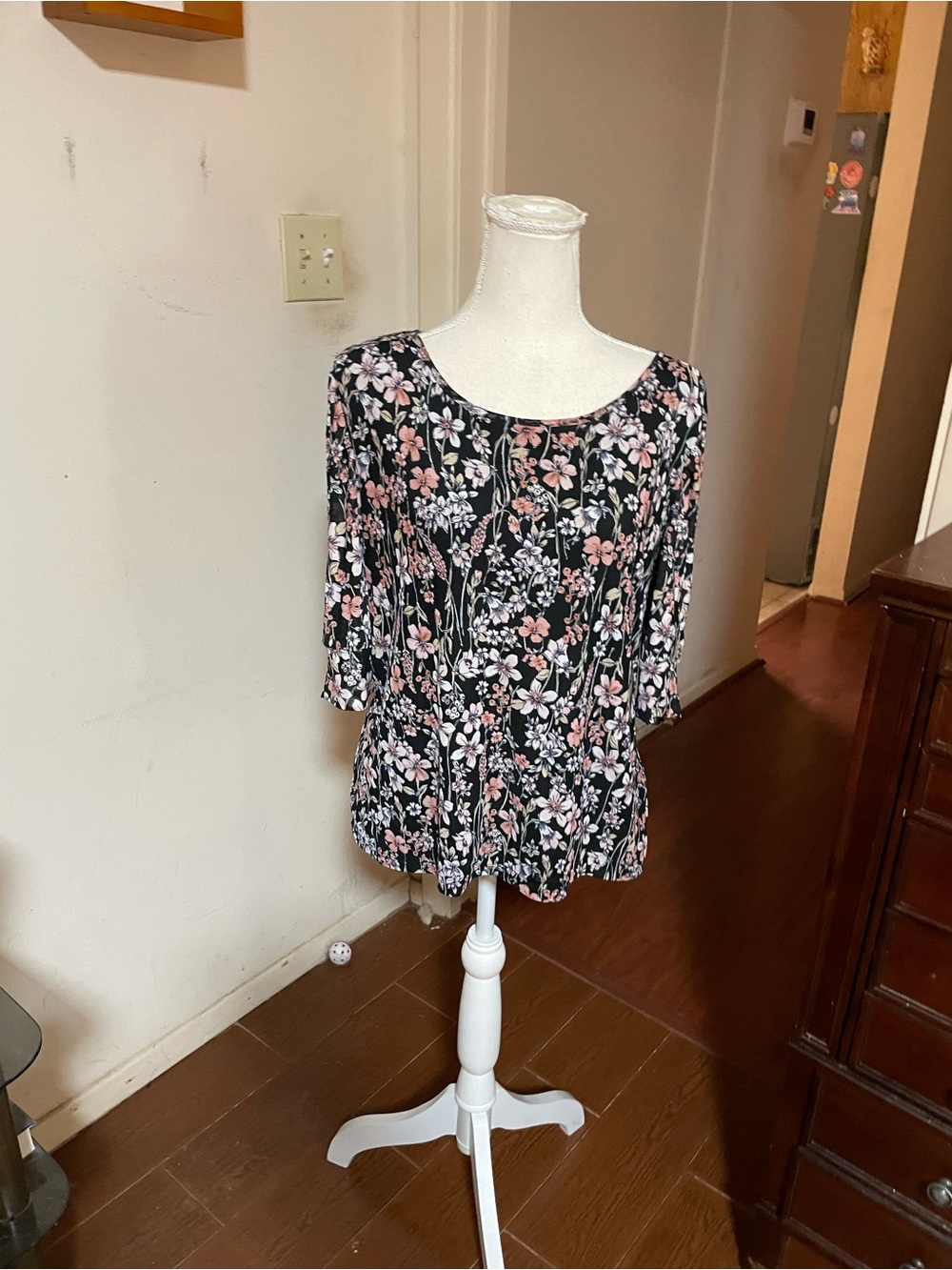 Tommy Hilfiger floral blouse scoop neck floral black pink quarter sleeve mesh XL - Picture 3 of 13